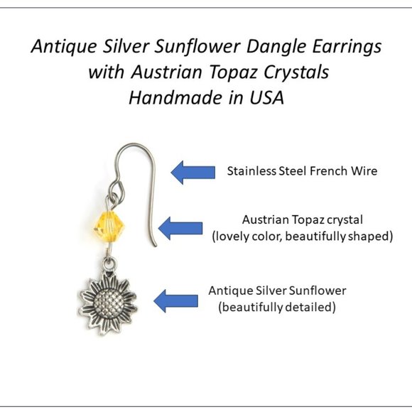 Silver Sunflower Earrings with Swarovski Topaz Crystals Handmade in USA - Picture 2 of 5